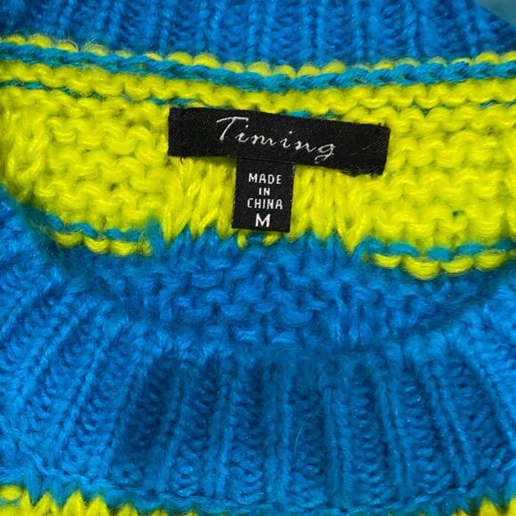 Timing Neon Yellow & Blue Long Sleeve Knit Sweater Size Medium - Picture 6 of 9